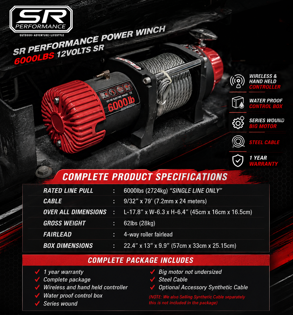 POWER WINCH STEEL CABLE 6000 LBS 12V